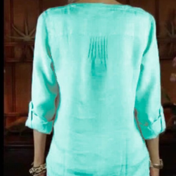 Talbots Linen Cross Dyed Tops Camp Shirt Long Roll Tab Sleeves V-Neckline - Picture 4 of 10